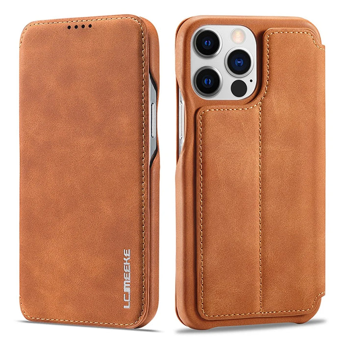 LC.IMEEKE For iPhone 15 Pro Leather Stand Phone Case Shockproof Card Holder Cover - Brown - 1