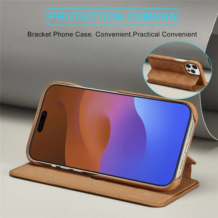 LC.IMEEKE For iPhone 15 Pro Leather Stand Phone Case Shockproof Card Holder Cover - Brown - 3