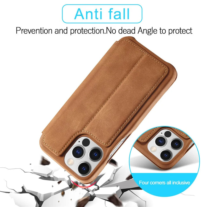 LC.IMEEKE For iPhone 15 Pro Leather Stand Phone Case Shockproof Card Holder Cover - Brown - 4