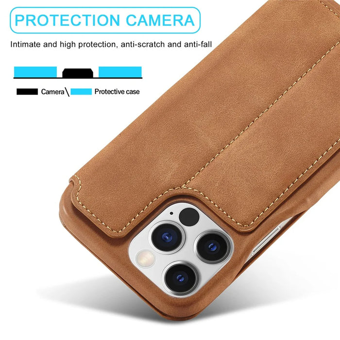 LC.IMEEKE For iPhone 15 Pro Leather Stand Phone Case Shockproof Card Holder Cover - Brown - 6