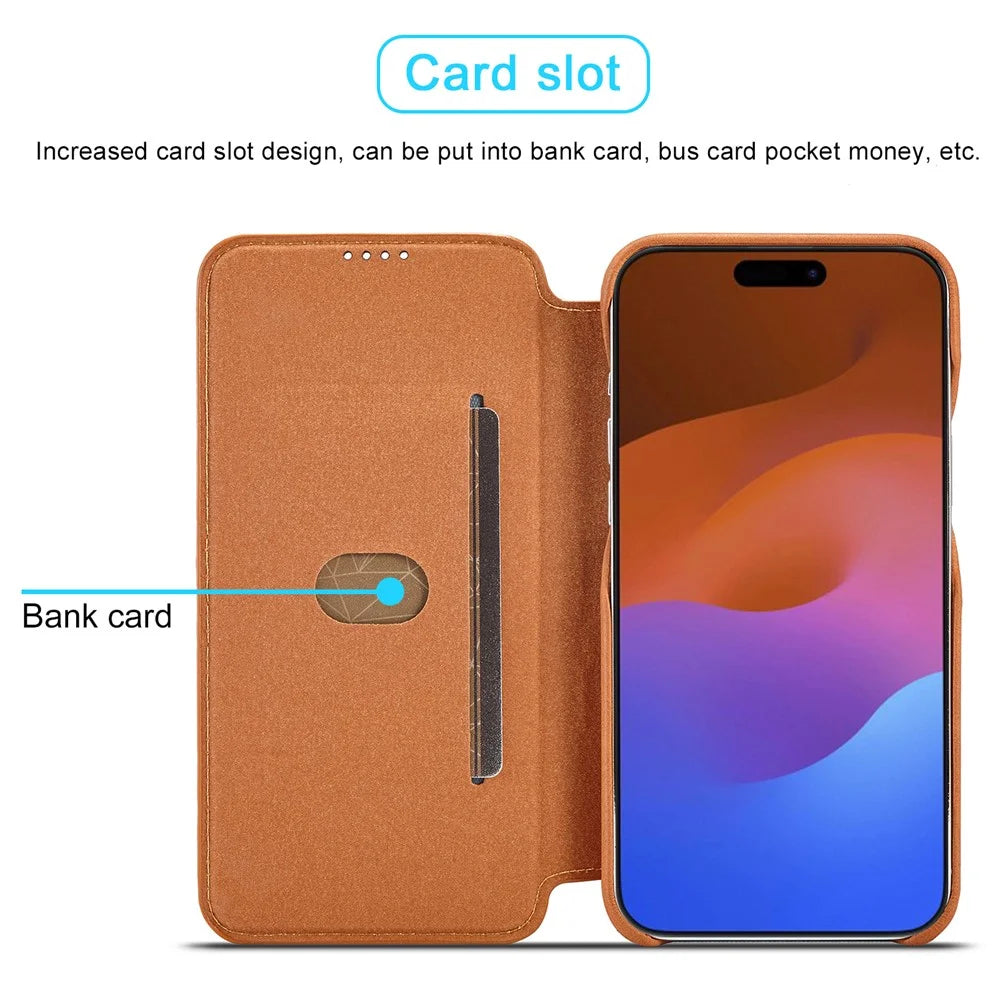 LC.IMEEKE For iPhone 15 Pro Leather Stand Phone Case Shockproof Card Holder Cover - Brown - 7