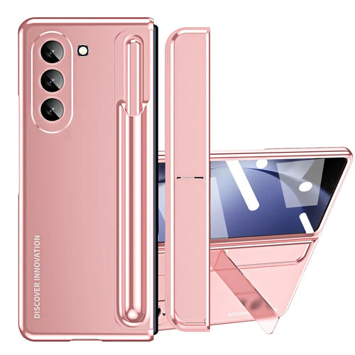 For Samsung Galaxy Z Fold5 5G Kickstand Case Hinge Protection PC Phone Cover with Screen Film / Stylus - Pink - 1