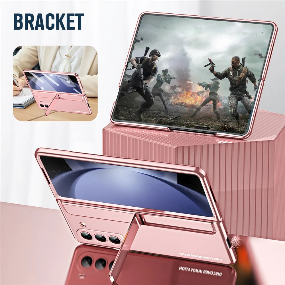 For Samsung Galaxy Z Fold5 5G Kickstand Case Hinge Protection PC Phone Cover with Screen Film / Stylus - Pink - 4
