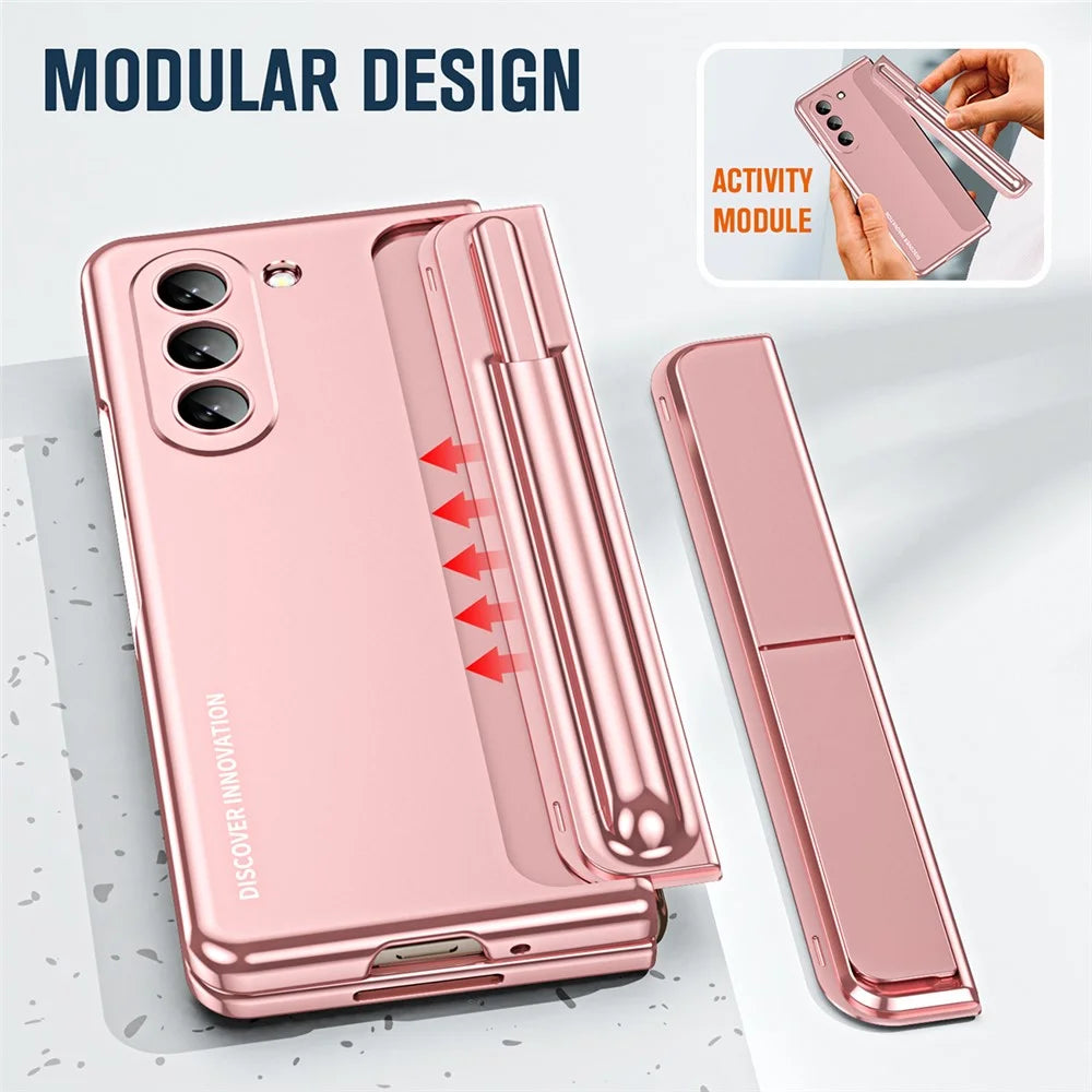 For Samsung Galaxy Z Fold5 5G Kickstand Case Hinge Protection PC Phone Cover with Screen Film / Stylus - Pink - 5