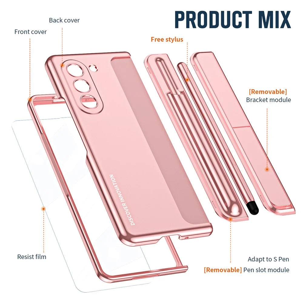 For Samsung Galaxy Z Fold5 5G Kickstand Case Hinge Protection PC Phone Cover with Screen Film / Stylus - Pink - 6