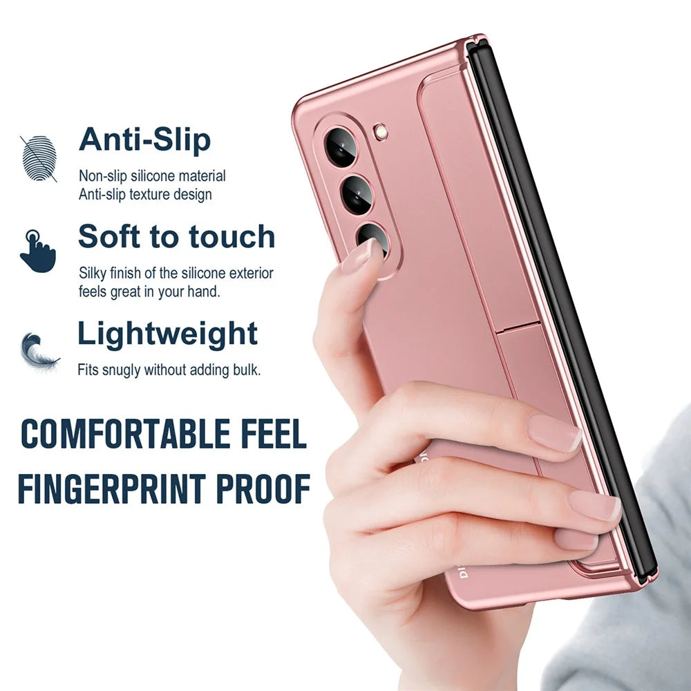 For Samsung Galaxy Z Fold5 5G Kickstand Case Hinge Protection PC Phone Cover with Screen Film / Stylus - Pink - 7