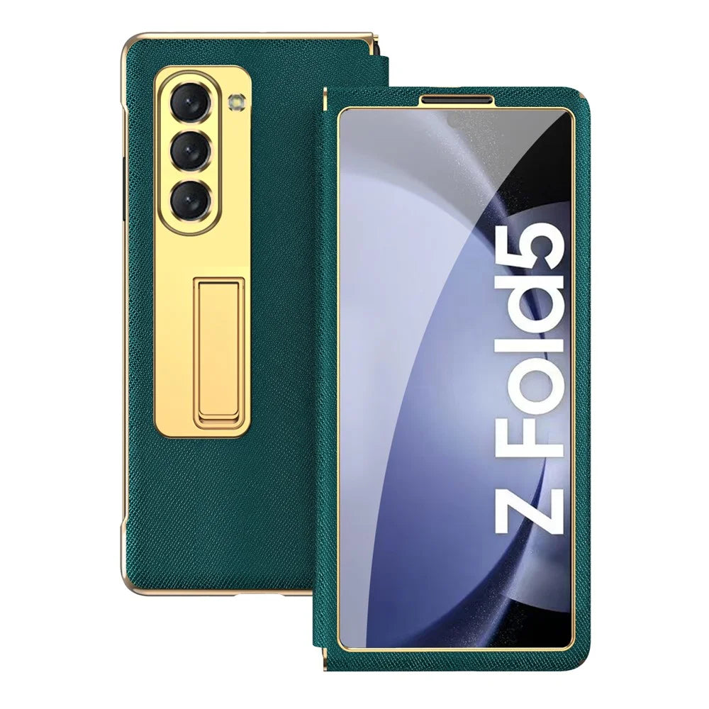 For Samsung Galaxy Z Fold5 5G PU Leather+PC Electroplating Phone Case Cross Texture Kickstand Cover with Front Screen Film - Cyan - 1