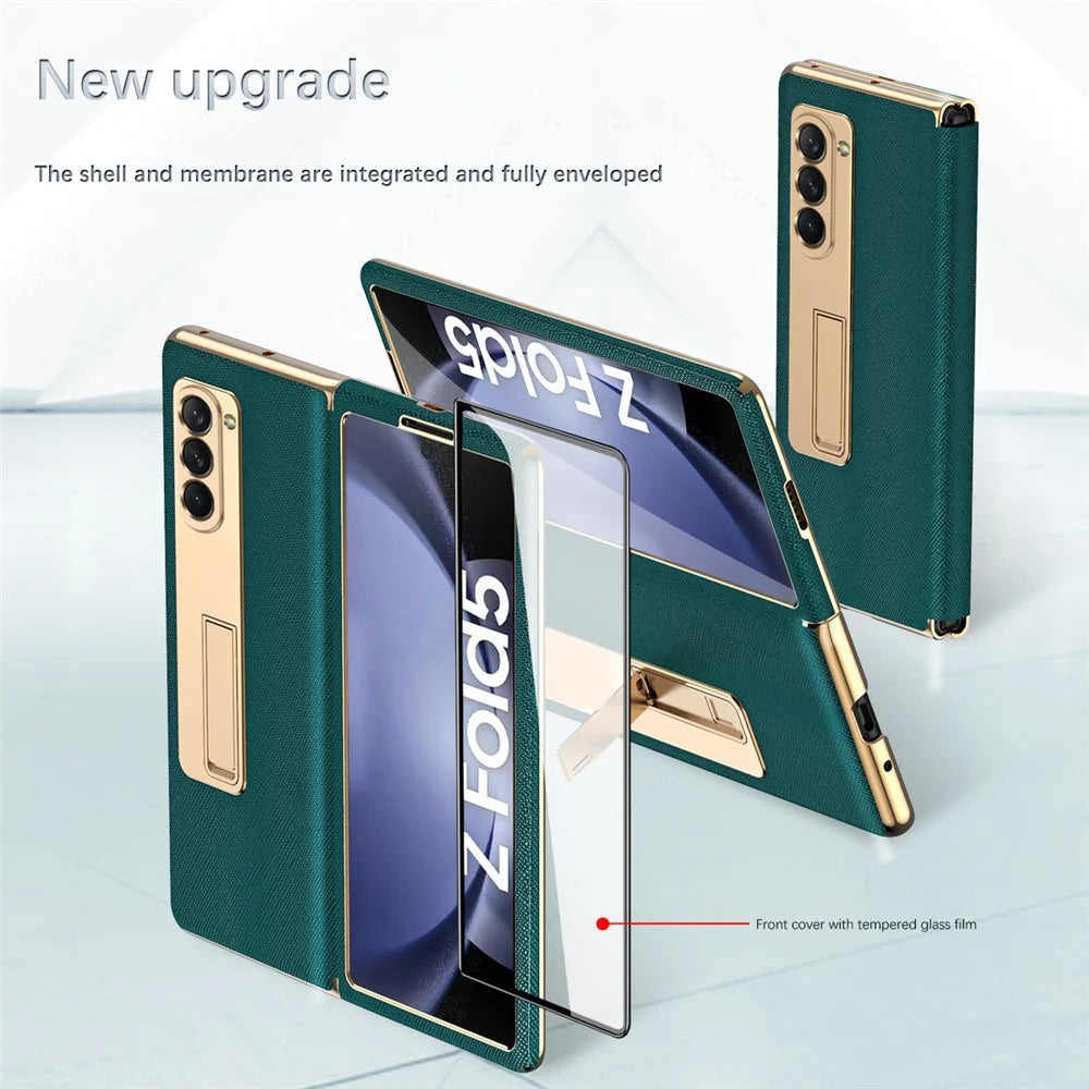 For Samsung Galaxy Z Fold5 5G PU Leather+PC Electroplating Phone Case Cross Texture Kickstand Cover with Front Screen Film - Cyan - 2