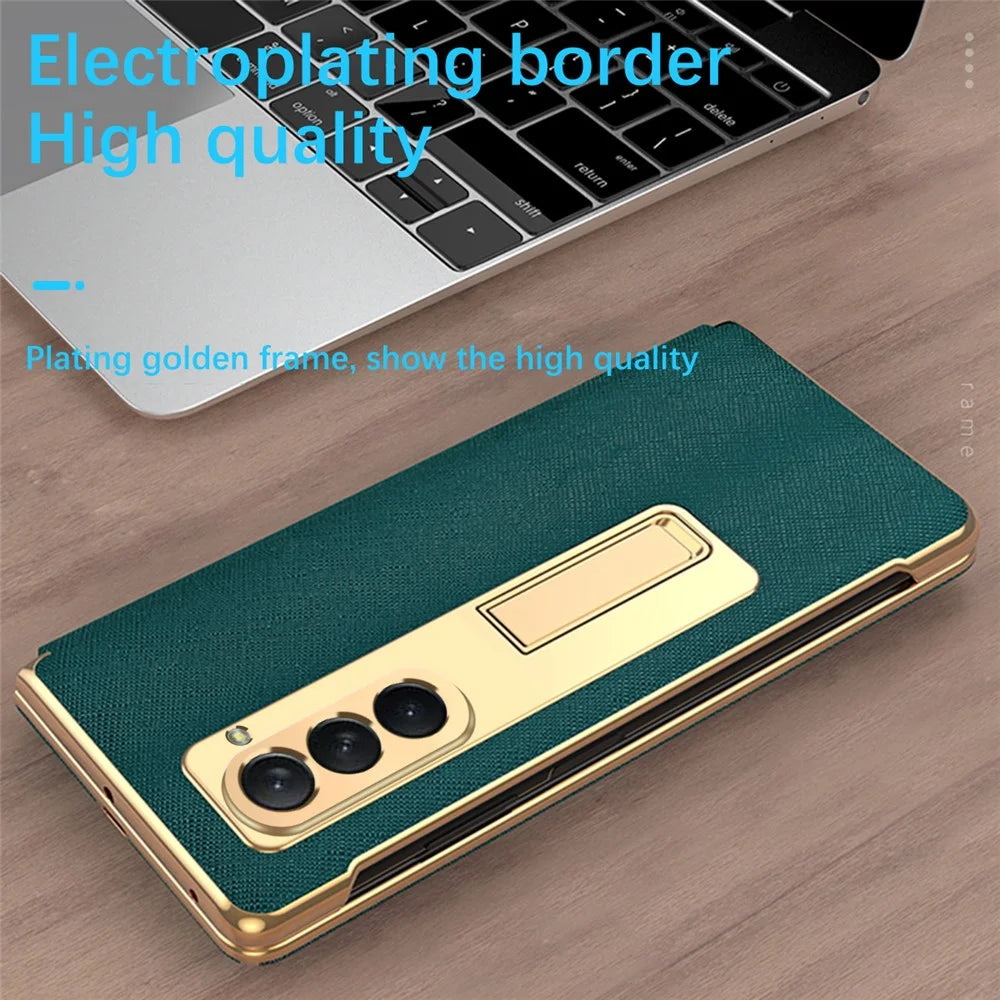For Samsung Galaxy Z Fold5 5G PU Leather+PC Electroplating Phone Case Cross Texture Kickstand Cover with Front Screen Film - Cyan - 3