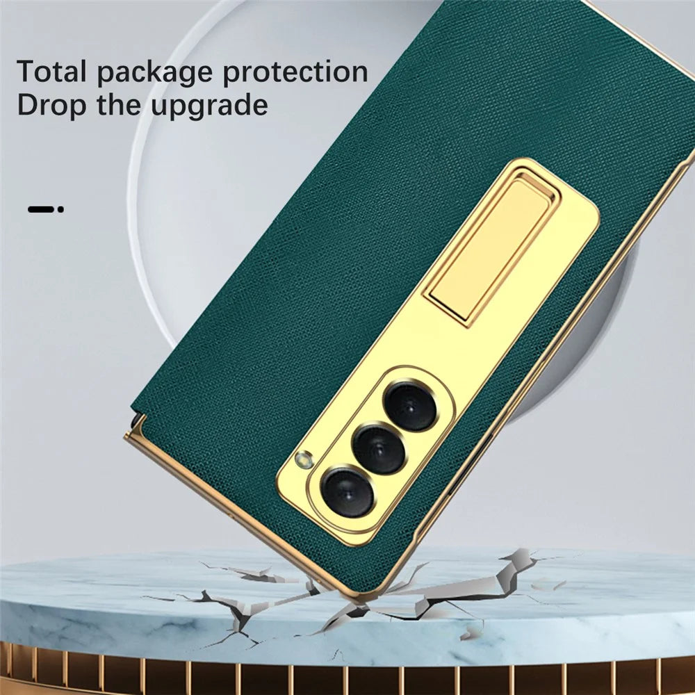 For Samsung Galaxy Z Fold5 5G PU Leather+PC Electroplating Phone Case Cross Texture Kickstand Cover with Front Screen Film - Cyan - 4