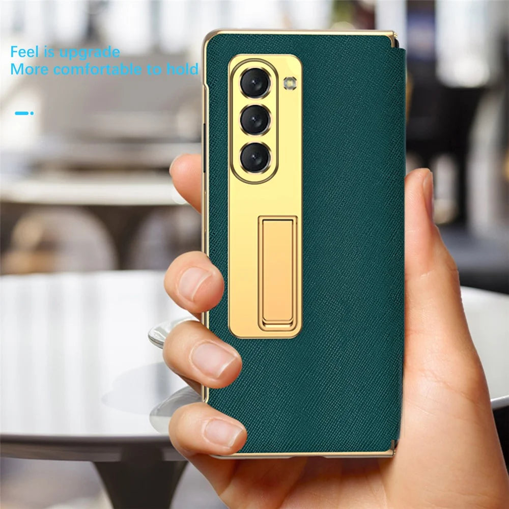 For Samsung Galaxy Z Fold5 5G PU Leather+PC Electroplating Phone Case Cross Texture Kickstand Cover with Front Screen Film - Cyan - 5