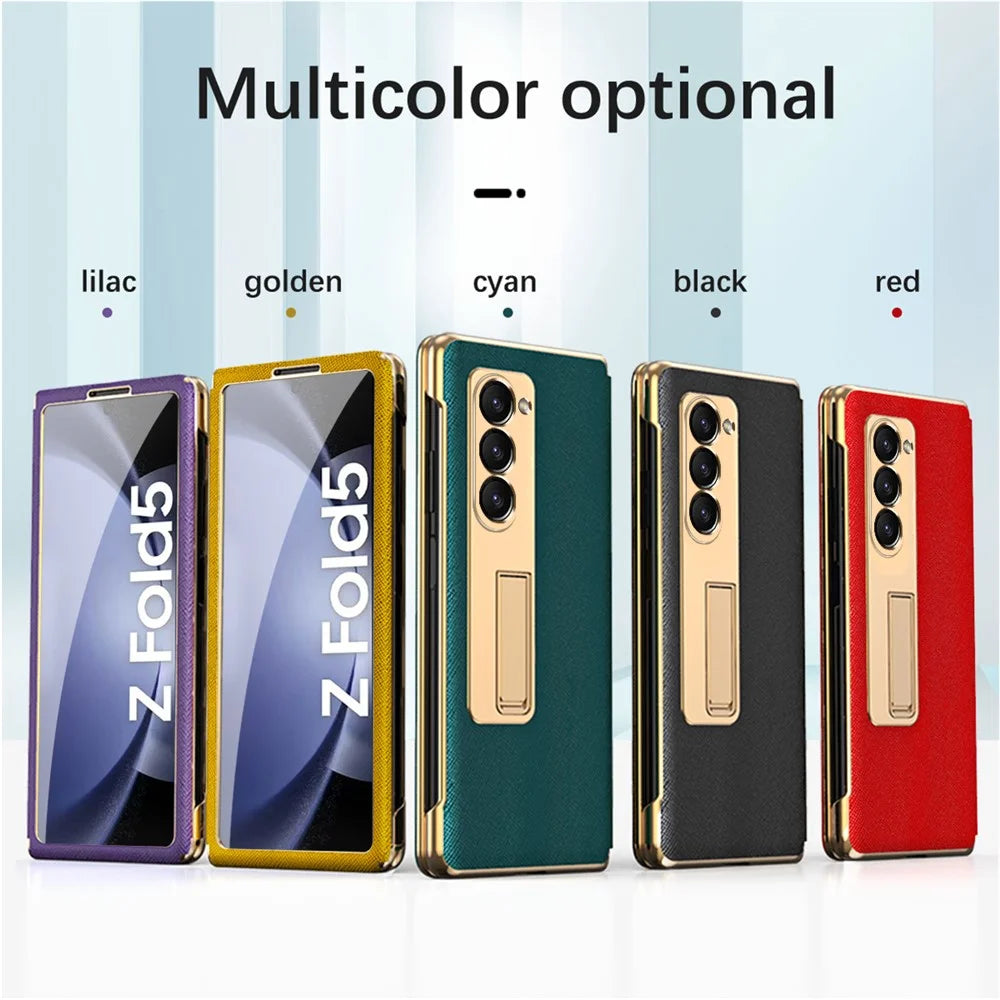 For Samsung Galaxy Z Fold5 5G PU Leather+PC Electroplating Phone Case Cross Texture Kickstand Cover with Front Screen Film - Cyan - 6