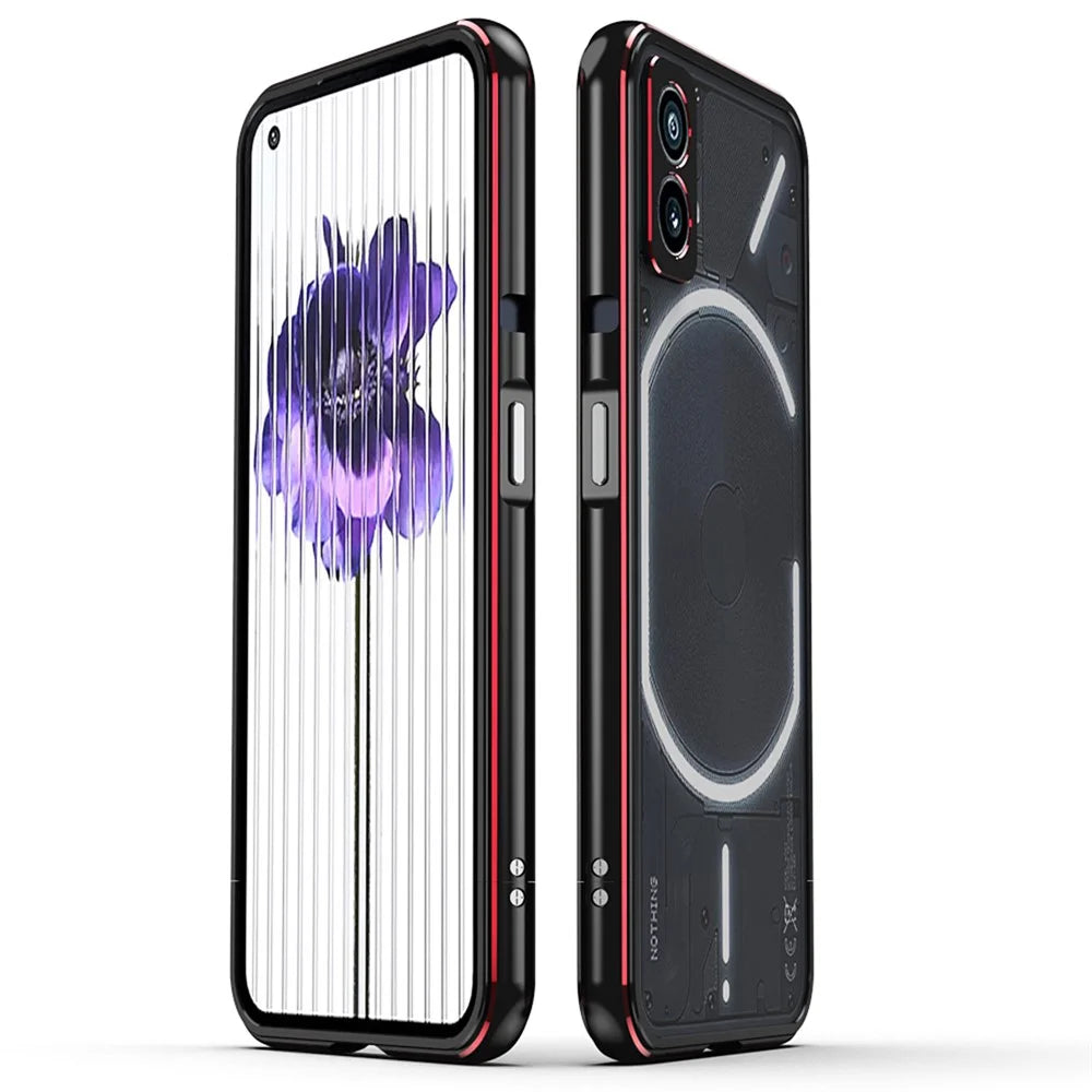 For Nothing Phone (2) Metal Frame Bumper Case Shock Absorbent Bumper Cover with Camera Lens Guard - Black / Red - 1