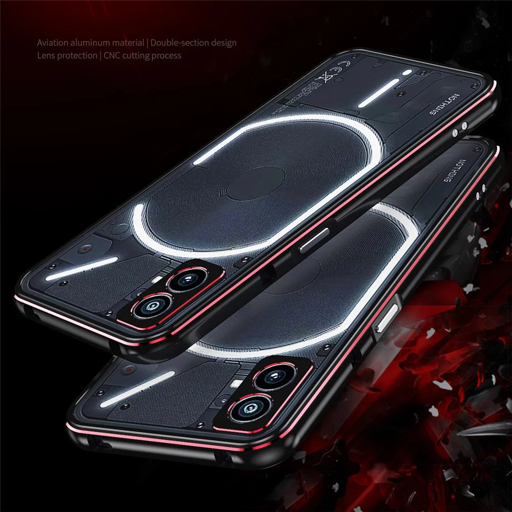 For Nothing Phone (2) Metal Frame Bumper Case Shock Absorbent Bumper Cover with Camera Lens Guard - Black / Red - 3