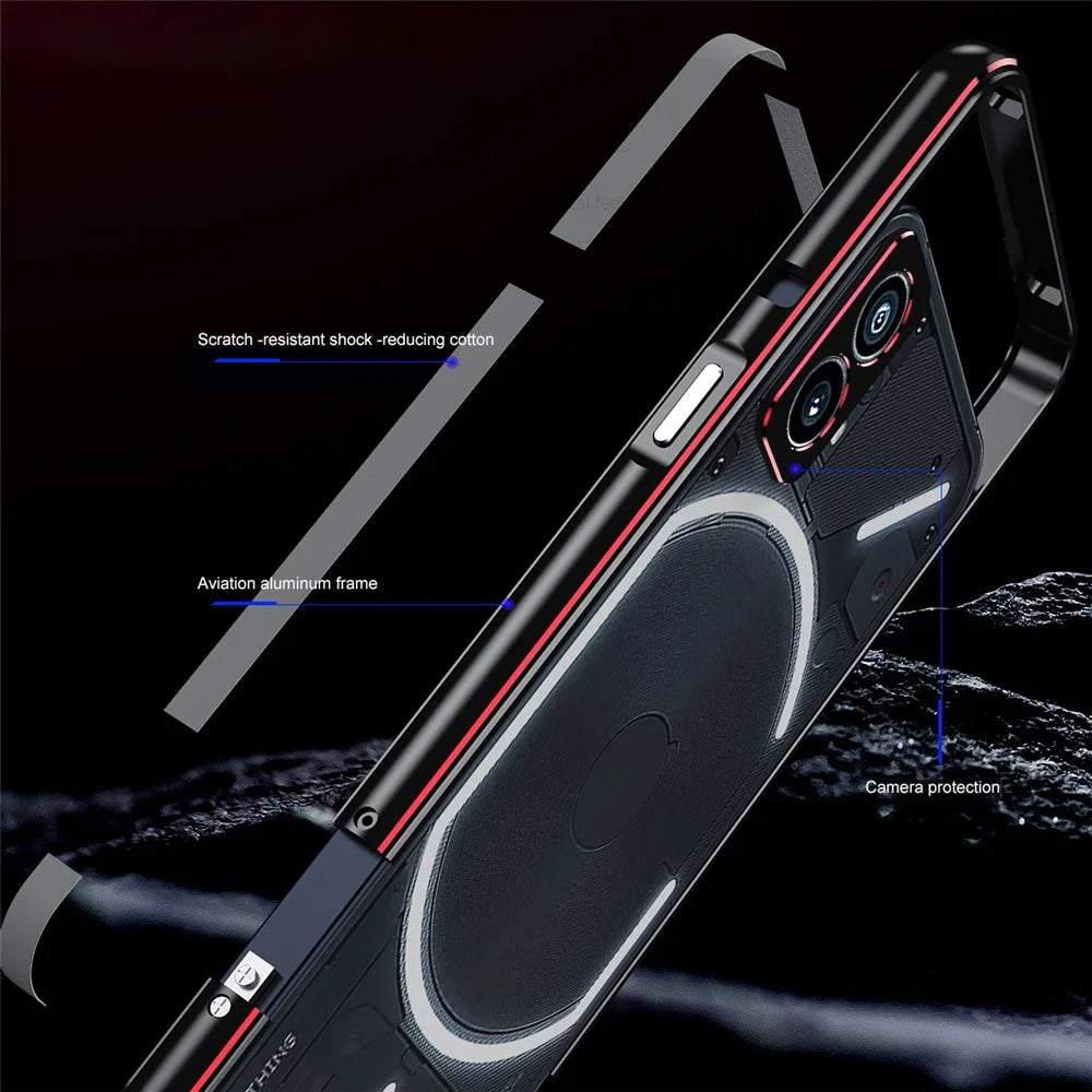 For Nothing Phone (2) Metal Frame Bumper Case Shock Absorbent Bumper Cover with Camera Lens Guard - Black / Red - 4