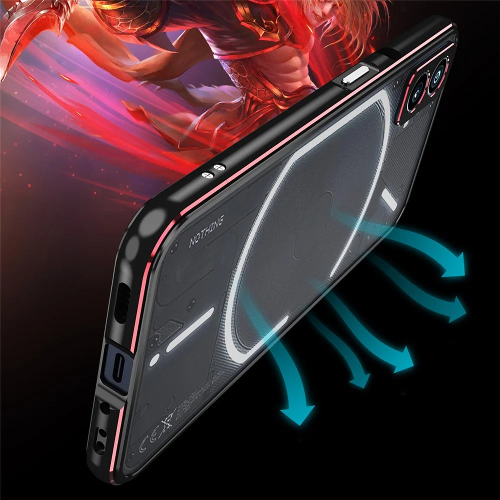 For Nothing Phone (2) Metal Frame Bumper Case Shock Absorbent Bumper Cover with Camera Lens Guard - Black / Red - 6