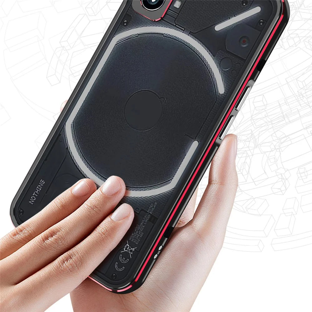 For Nothing Phone (2) Metal Frame Bumper Case Shock Absorbent Bumper Cover with Camera Lens Guard - Black / Red - 7