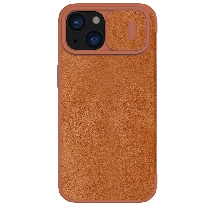 NILLKIN Qin Pro Series for iPhone 15 Plus Slide Camera Lid PU Leather Phone Case Protective Cover with Card Slot - Brown - 1