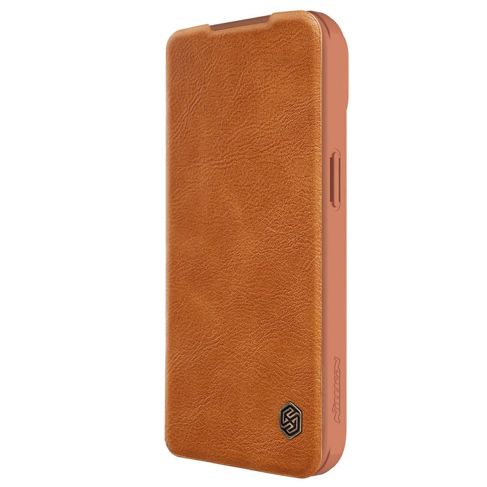 NILLKIN Qin Pro Series for iPhone 15 Plus Slide Camera Lid PU Leather Phone Case Protective Cover with Card Slot - Brown - 4