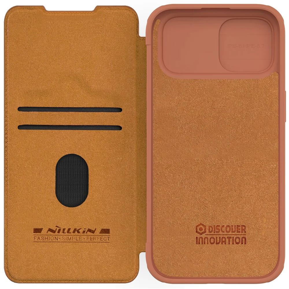 NILLKIN Qin Pro Series for iPhone 15 Plus Slide Camera Lid PU Leather Phone Case Protective Cover with Card Slot - Brown - 5