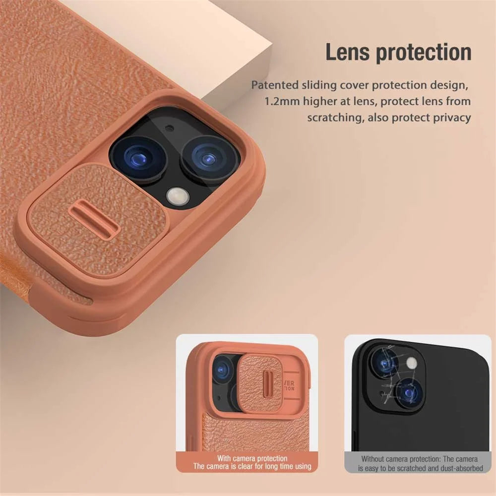 NILLKIN Qin Pro Series for iPhone 15 Plus Slide Camera Lid PU Leather Phone Case Protective Cover with Card Slot - Brown - 6