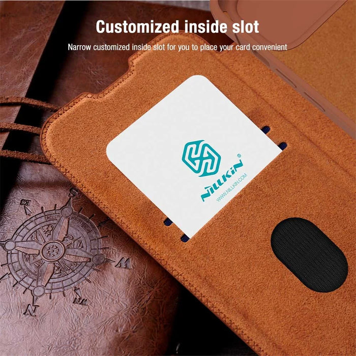 NILLKIN Qin Pro Series for iPhone 15 Plus Slide Camera Lid PU Leather Phone Case Protective Cover with Card Slot - Brown - 7