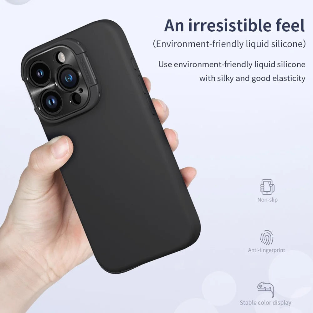 NILLKIN Lenswing Magnetic Phone Case for iPhone 15 Pro , Soft Silicone Camera Lens Frame Kickstand Cover - Black - 3