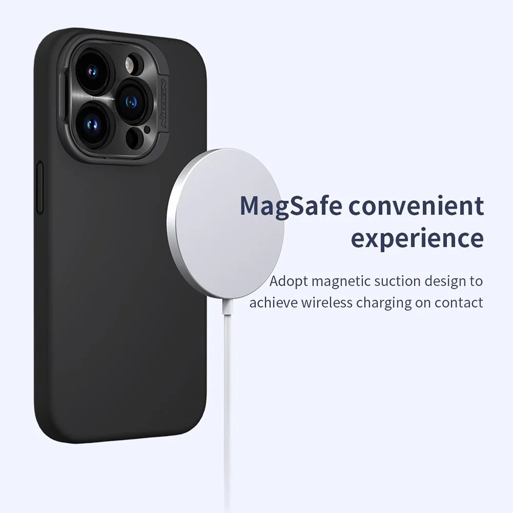 NILLKIN Lenswing Magnetic Phone Case for iPhone 15 Pro , Soft Silicone Camera Lens Frame Kickstand Cover - Black - 4