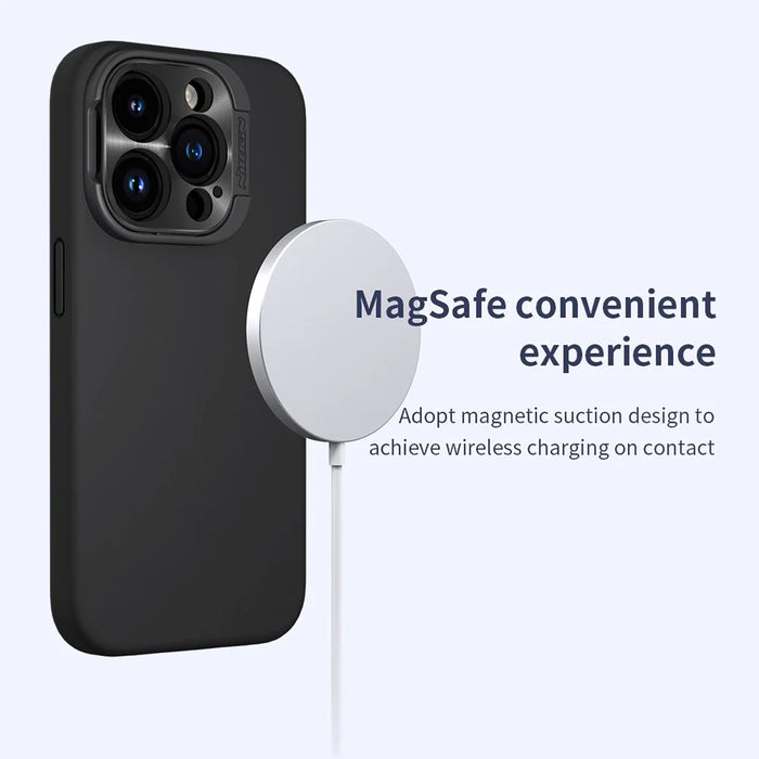 NILLKIN Lenswing Magnetic Phone Case for iPhone 15 Pro , Soft Silicone Camera Lens Frame Kickstand Cover - Black - 4