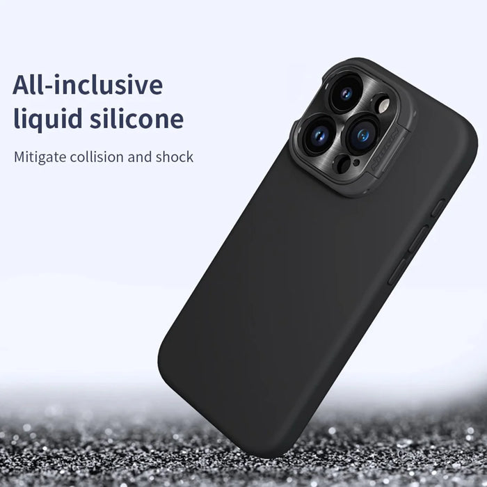 NILLKIN Lenswing Magnetic Phone Case for iPhone 15 Pro , Soft Silicone Camera Lens Frame Kickstand Cover - Black - 5