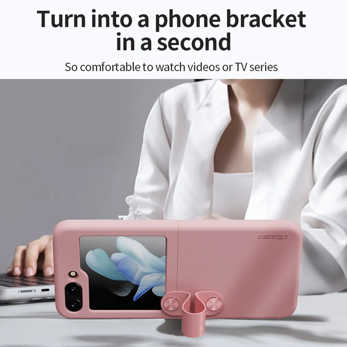 NILLKIN For Samsung Galaxy Z Flip5 5G Liquid Silicone Phone Case Finger Strap Kickstand Protective Cover - Pink - 5