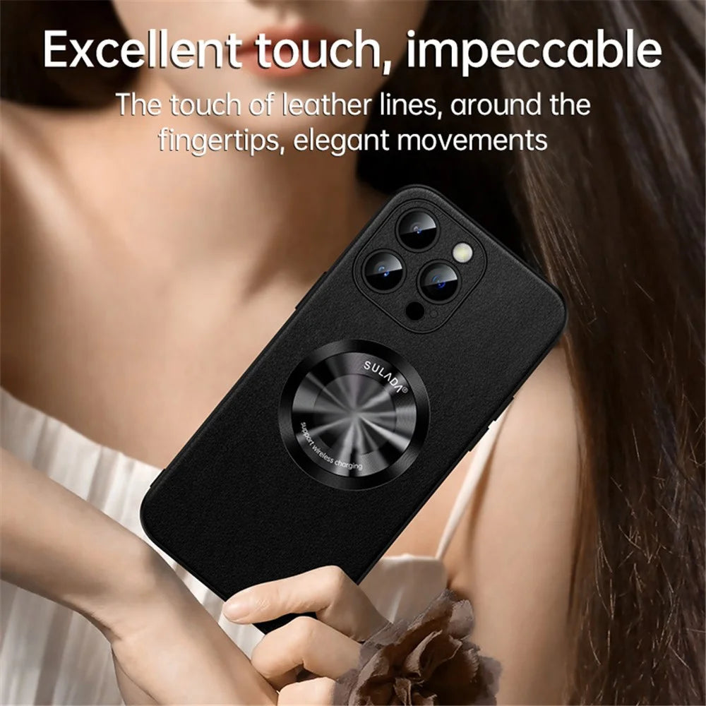 SULADA For iPhone 14 Pro Max Phone Cover Compatible with MagSafe Cowhide Texture PU Leather Coated TPU Case - Black - 3