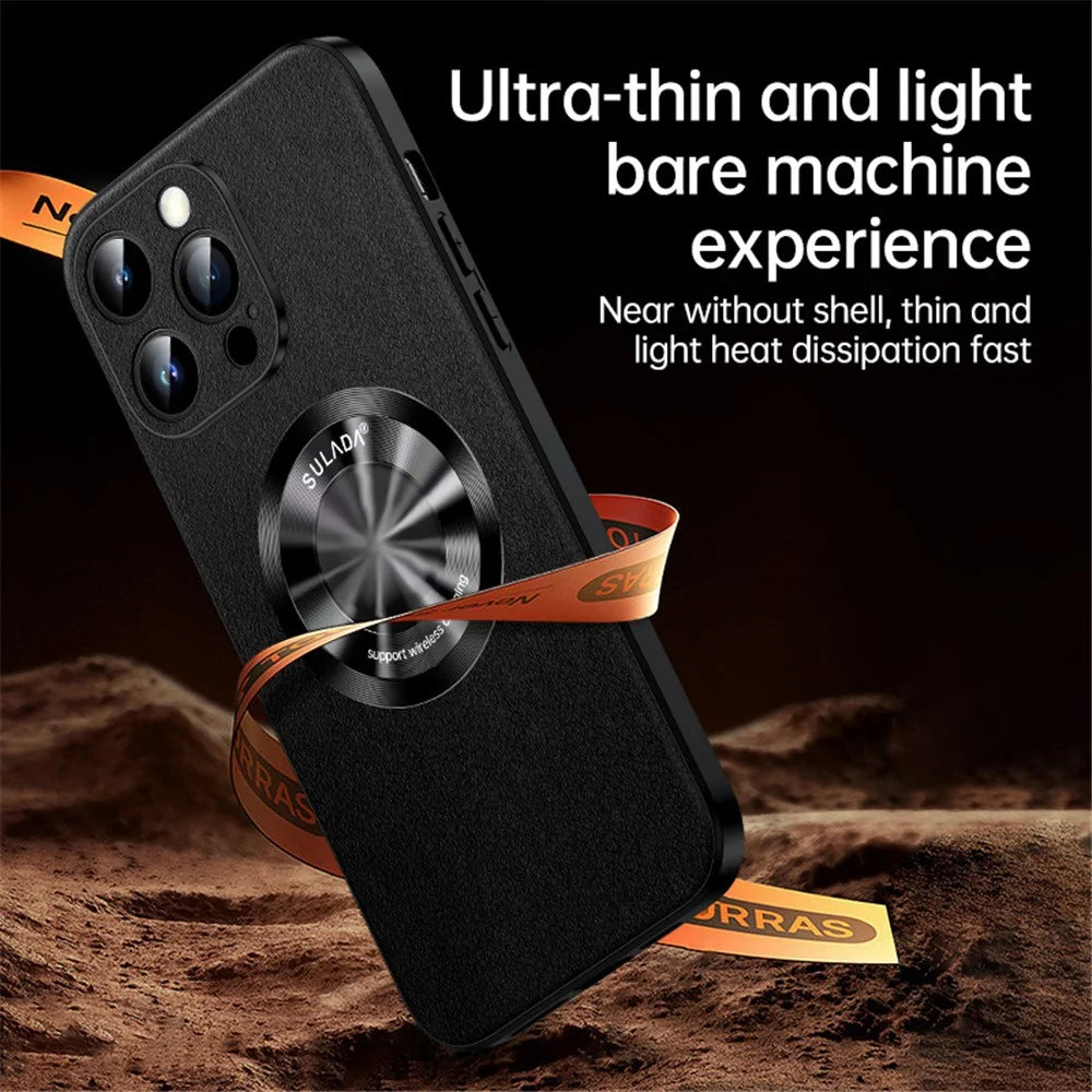 SULADA For iPhone 14 Pro Max Phone Cover Compatible with MagSafe Cowhide Texture PU Leather Coated TPU Case - Black - 4