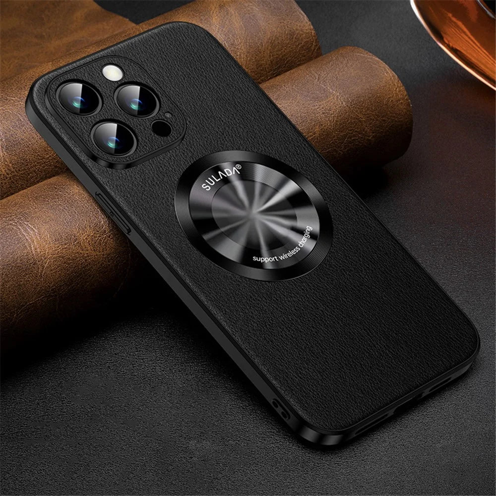SULADA Phone Cover for iPhone 14 Pro , Compatible with MagSafe Cowhide Texture PU Leather Coated TPU Case - Black - 2