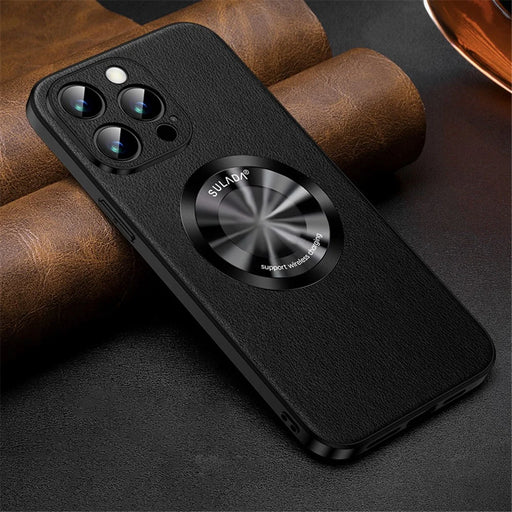 SULADA Phone Cover for iPhone 14 Pro , Compatible with MagSafe Cowhide Texture PU Leather Coated TPU Case - Black - 2
