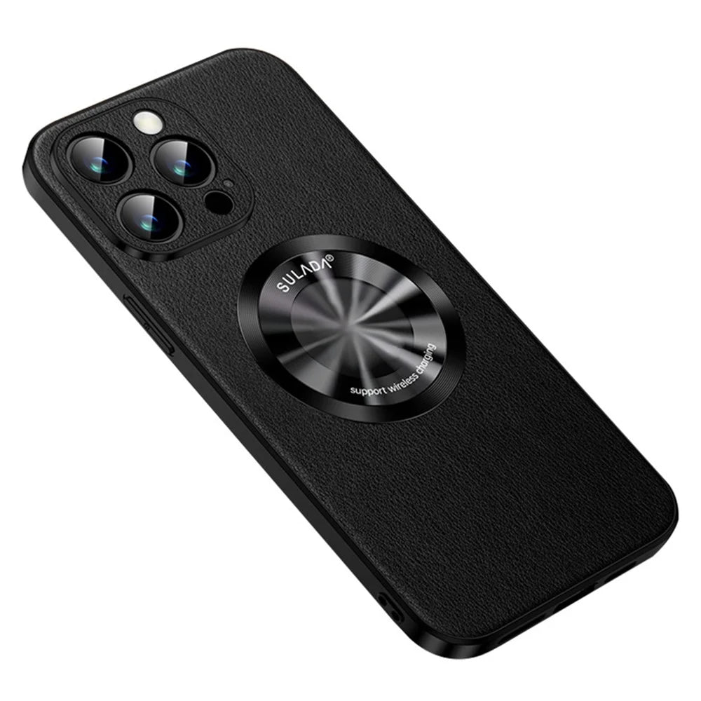 SULADA Phone Cover for iPhone 13 Pro Max 6.7 inch , Cowhide Texture PU Leather Coated TPU Case Compatible with MagSafe - Black - 1