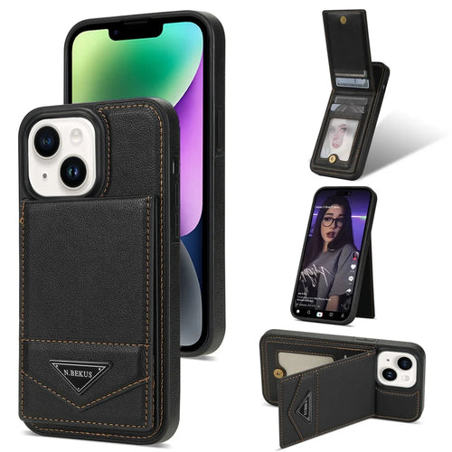 N.BEKUS For iPhone 14 RFID Blocking PU Leather+TPU Phone Case Card Slots Kickstand Cover - Black - 1