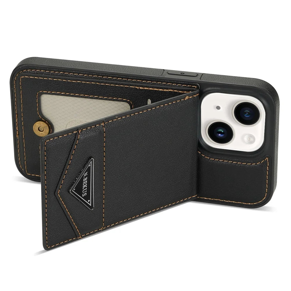 N.BEKUS For iPhone 14 RFID Blocking PU Leather+TPU Phone Case Card Slots Kickstand Cover - Black - 4
