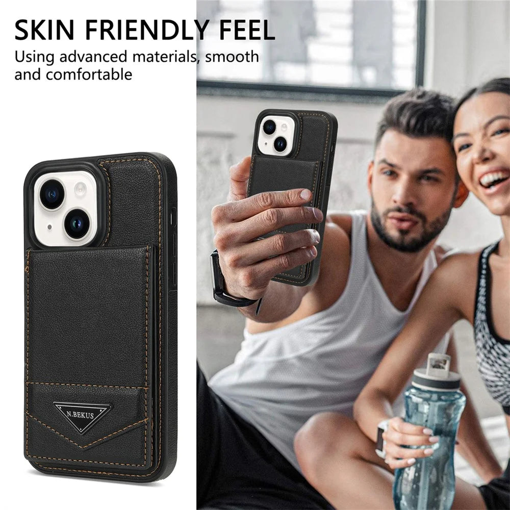 N.BEKUS For iPhone 14 RFID Blocking PU Leather+TPU Phone Case Card Slots Kickstand Cover - Black - 5