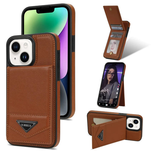 N.BEKUS For iPhone 14 Plus RFID Blocking PU Leather Coated TPU Phone Case Card Slots Kickstand Cover - Brown - 1