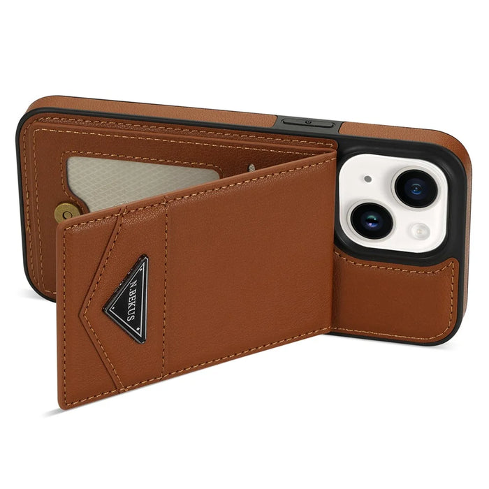 N.BEKUS For iPhone 14 Plus RFID Blocking PU Leather Coated TPU Phone Case Card Slots Kickstand Cover - Brown - 4