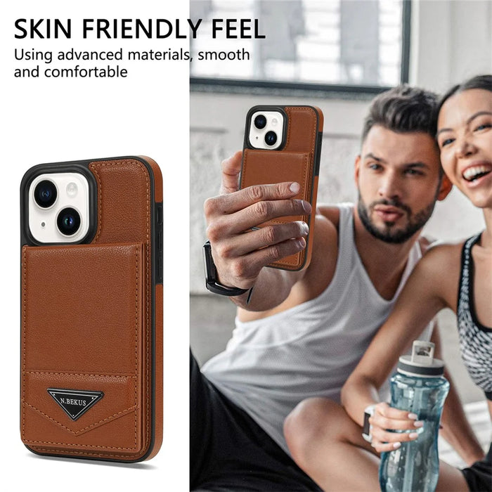 N.BEKUS For iPhone 14 Plus RFID Blocking PU Leather Coated TPU Phone Case Card Slots Kickstand Cover - Brown - 5