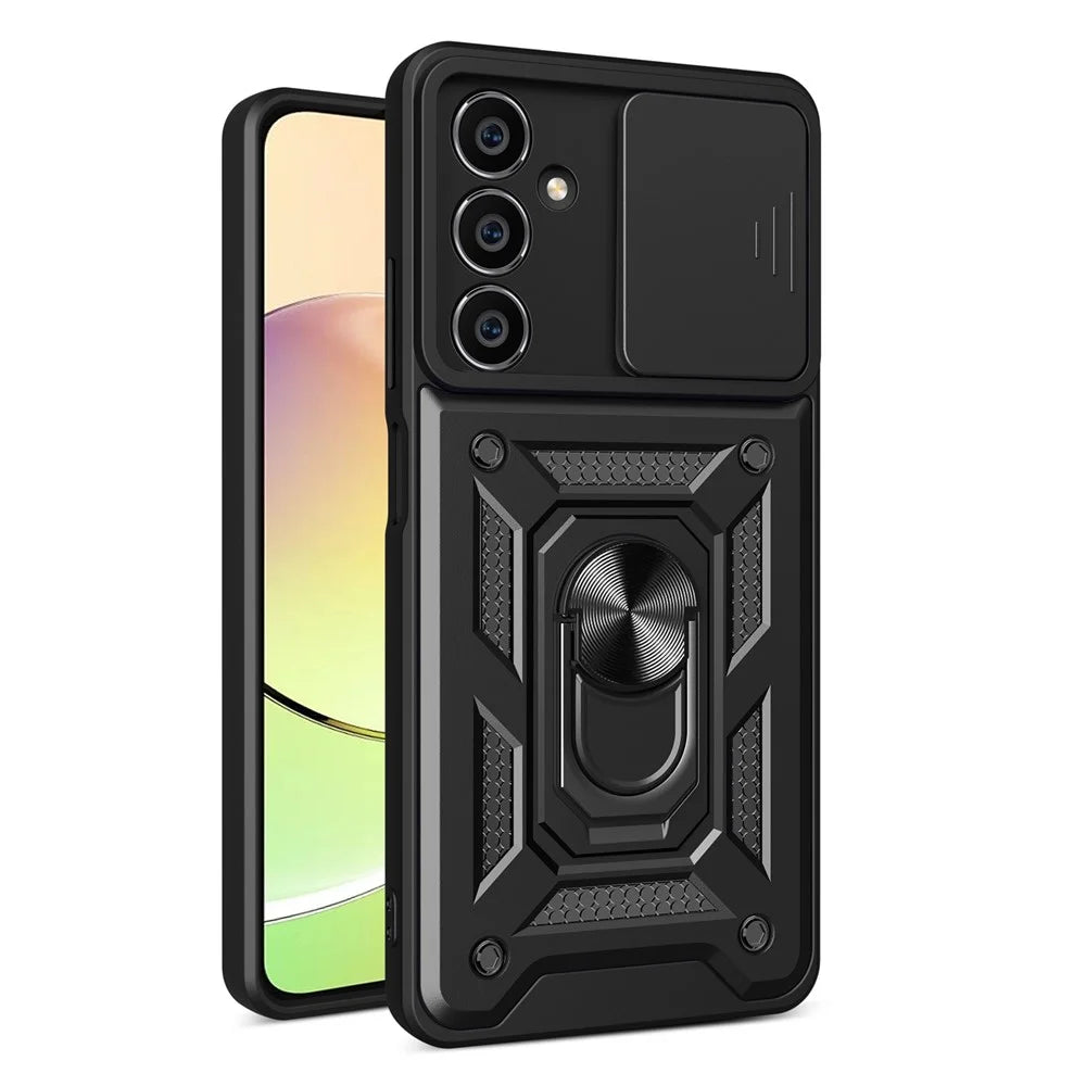 For Samsung Galaxy S23 FE Slide Lens Lid PC+TPU Phone Case Ring Kickstand Back Cover - Black - 1