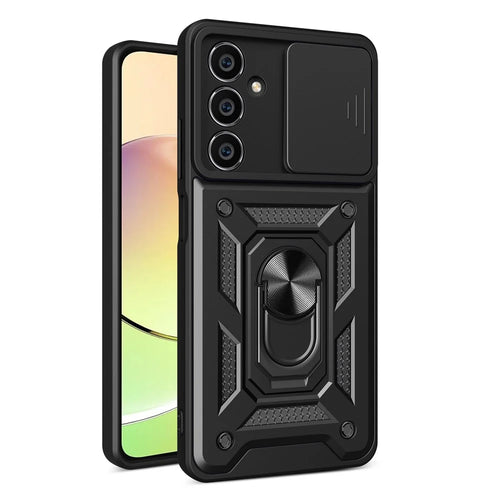 For Samsung Galaxy S23 FE Slide Lens Lid PC+TPU Phone Case Ring Kickstand Back Cover - Black - 1