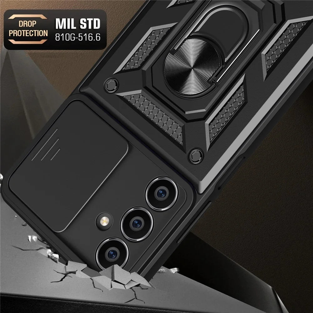 For Samsung Galaxy S23 FE Slide Lens Lid PC+TPU Phone Case Ring Kickstand Back Cover - Black - 2