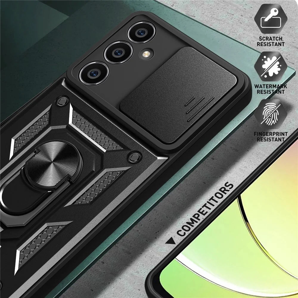 For Samsung Galaxy S23 FE Slide Lens Lid PC+TPU Phone Case Ring Kickstand Back Cover - Black - 4