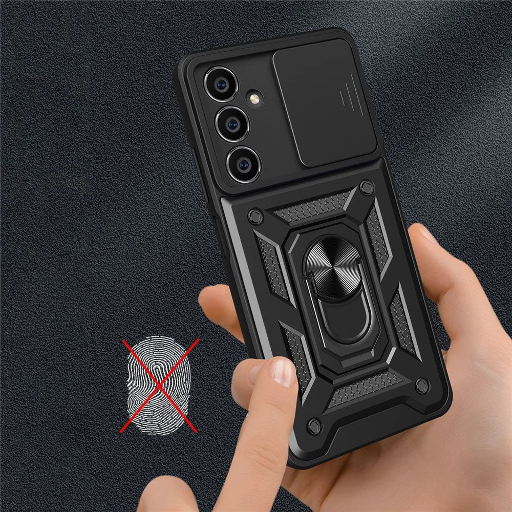 For Samsung Galaxy S23 FE Slide Lens Lid PC+TPU Phone Case Ring Kickstand Back Cover - Black - 5