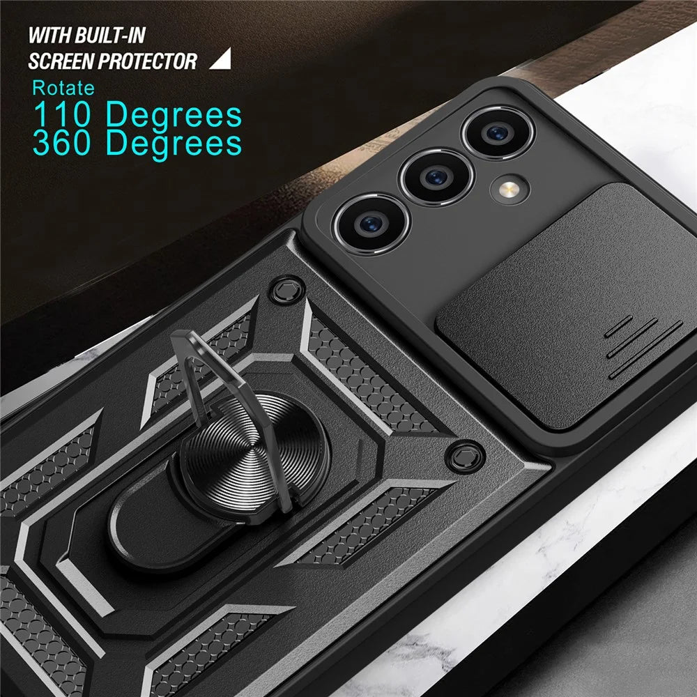 For Samsung Galaxy S23 FE Slide Lens Lid PC+TPU Phone Case Ring Kickstand Back Cover - Black - 7