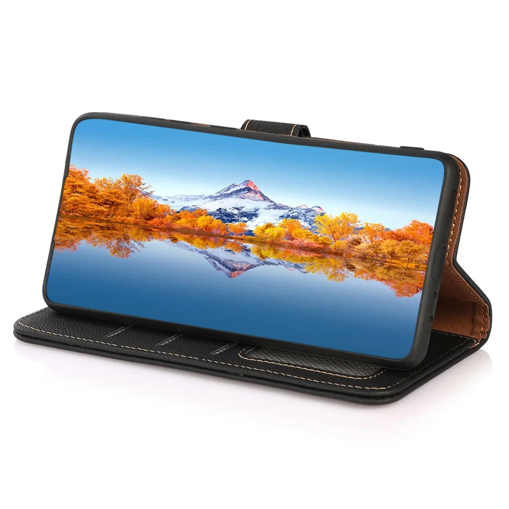 KHAZNEH For Samsung Galaxy F34 5G / M34 5G RFID Blocking Wallet Case Genuine Cow Leather Phone Stand Cover - Black - 3