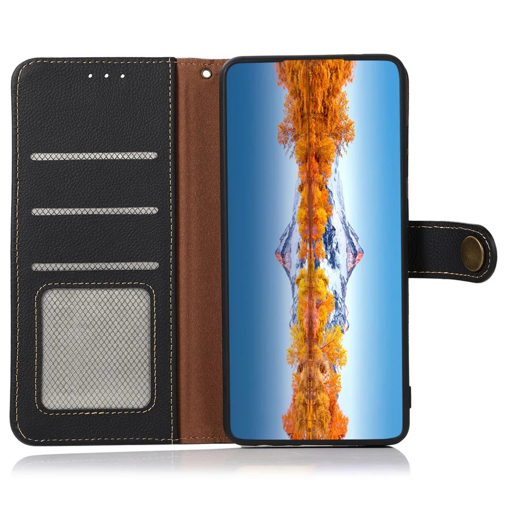KHAZNEH For Samsung Galaxy F34 5G / M34 5G RFID Blocking Wallet Case Genuine Cow Leather Phone Stand Cover - Black - 4